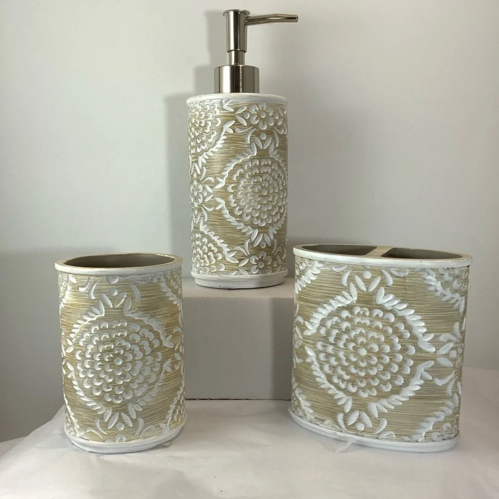Elite Khaki 3 Piece Bathroom Vanity Accessory Set Tan/Beige White